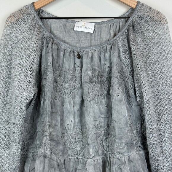 Belle France Top Women's L Gray Silk Mix Media Eyelet Embroider Tiered Peasant - Picture 2 of 11